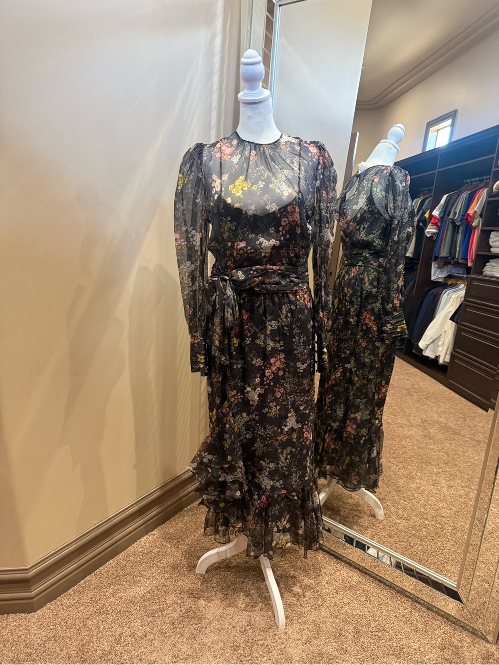 Cinq A Sept Floral Black Long-Sleeve Chiffon Midi Dress